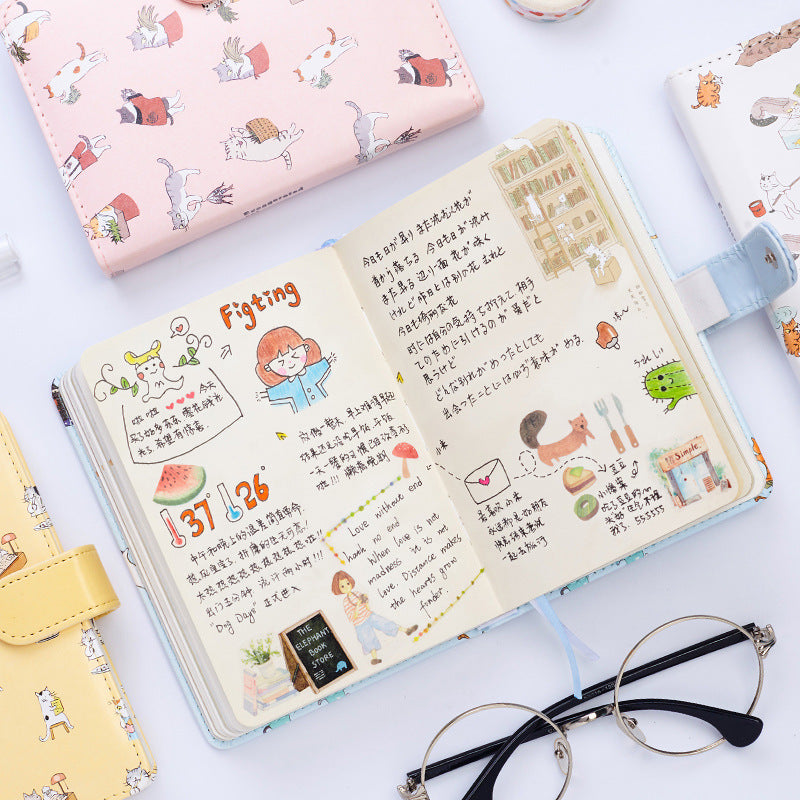 Golden Valley 32K Floating World Cat Language Coloring Page Cartoon Leather Buckle This Creative Cute Pocket Book Diary Notepad