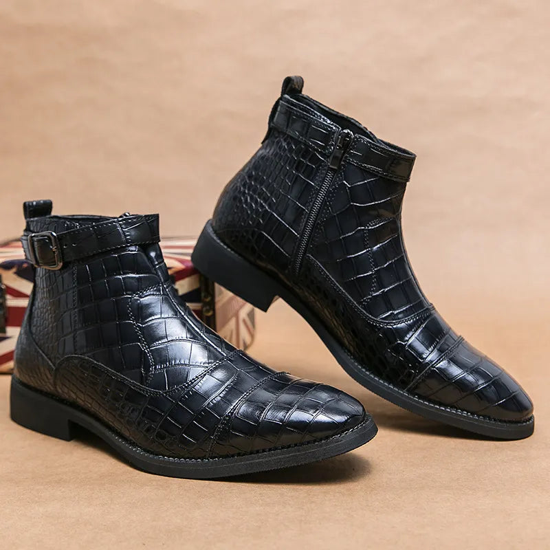 Men's Crocodile Pattern Boots Fashion Pointed Toe Low Square boot