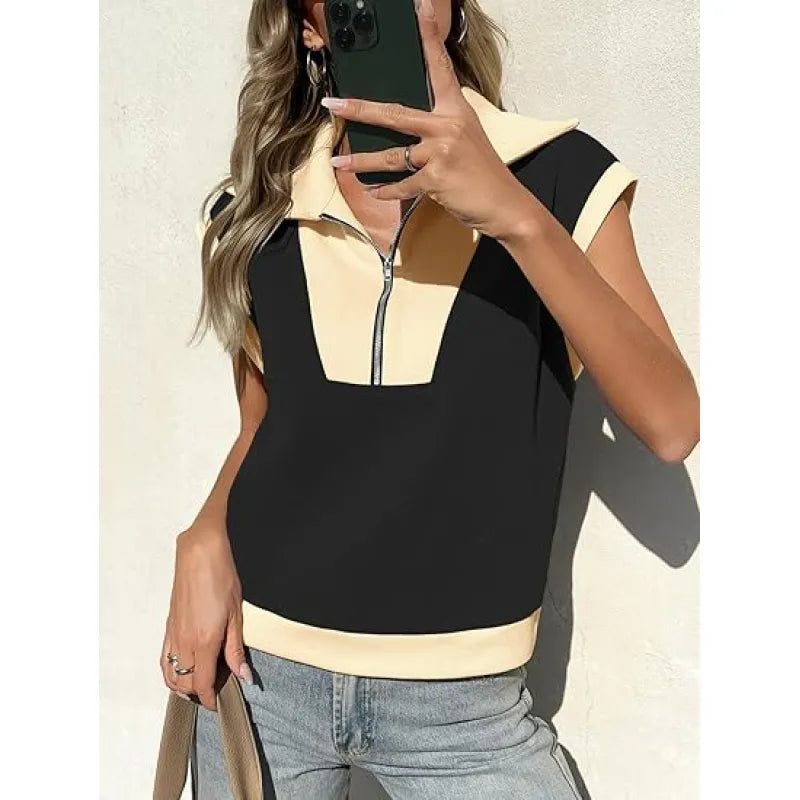 Fisoew Womens Half Zip Sweatshirts Short Sleeve Color Block Lapel