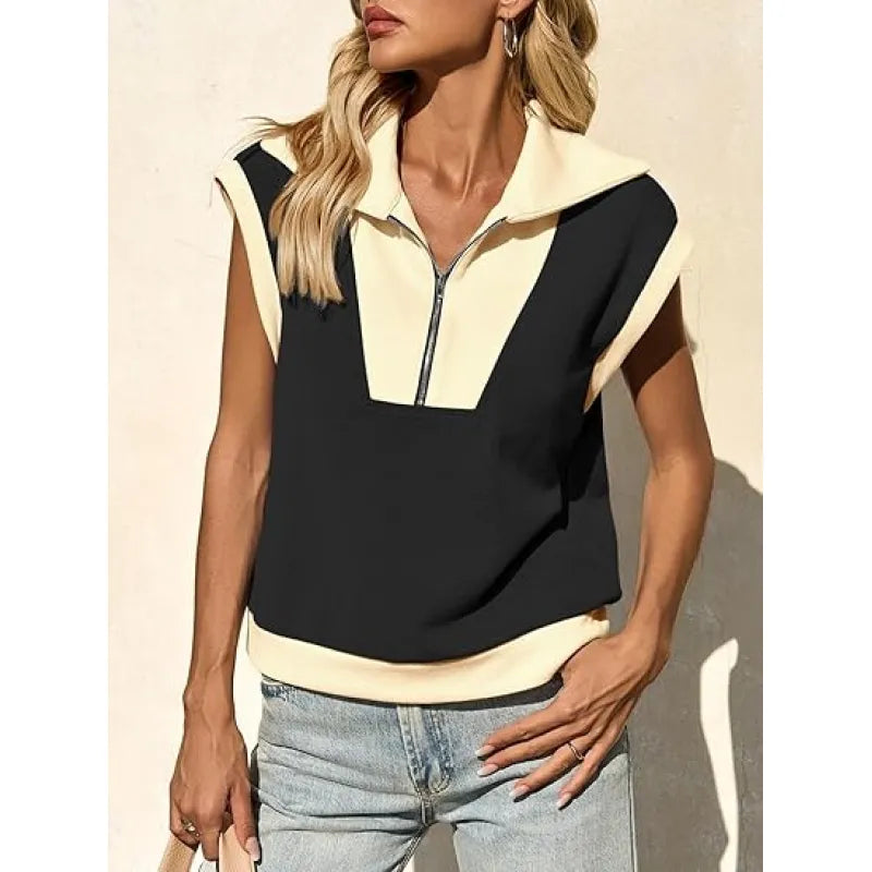 Fisoew Womens Half Zip Sweatshirts Short Sleeve Color Block Lapel