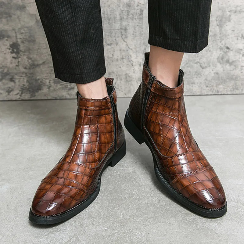 Men's Crocodile Pattern Boots Fashion Pointed Toe Low Square boot