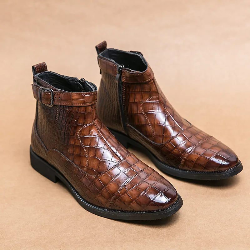 Men's Crocodile Pattern Boots Fashion Pointed Toe Low Square boot