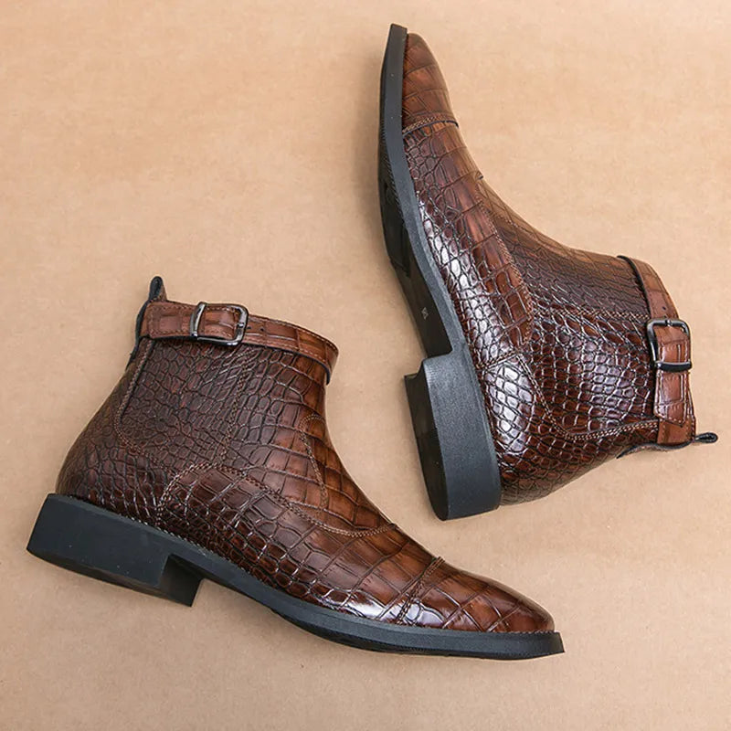Men's Crocodile Pattern Boots Fashion Pointed Toe Low Square boot