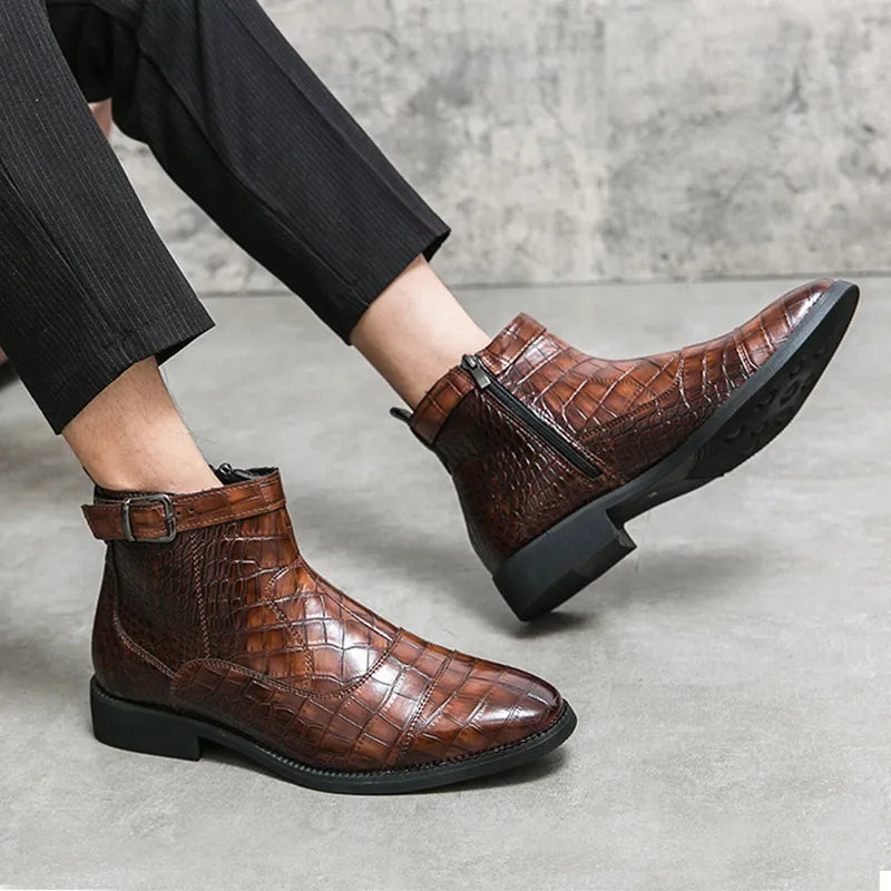 Men's Crocodile Pattern Boots Fashion Pointed Toe Low Square boot