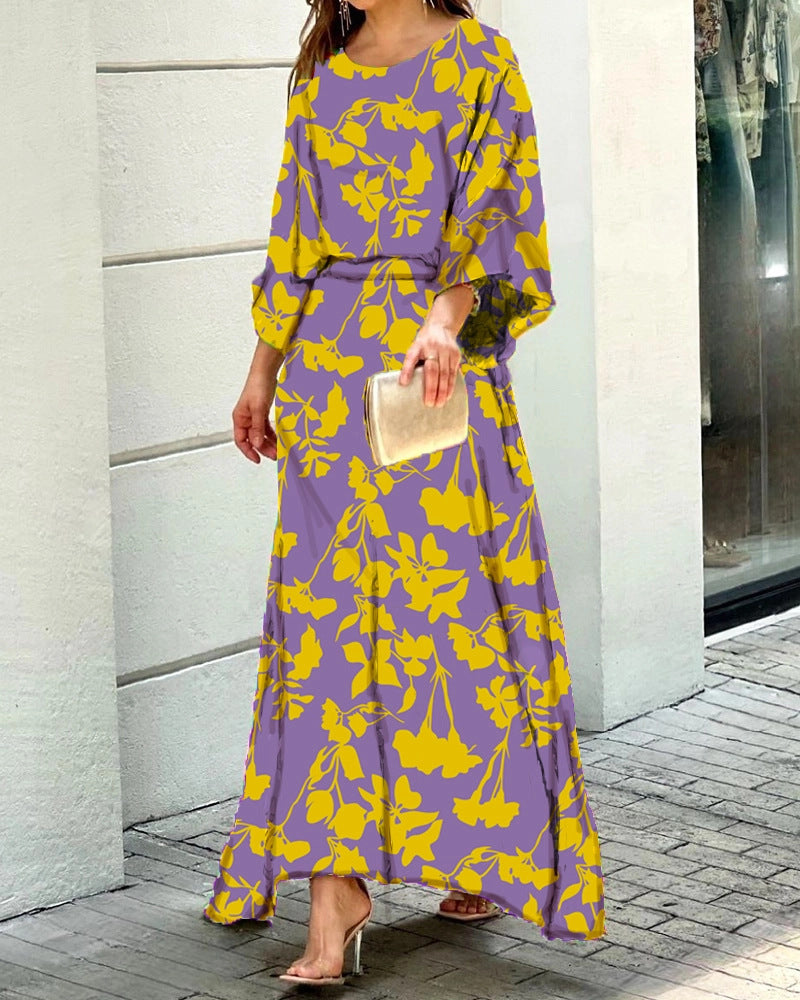 Women&#039;s Summer New Loose Large Size Printed Long-sleeved Top High Waist Half-length Dress Suit