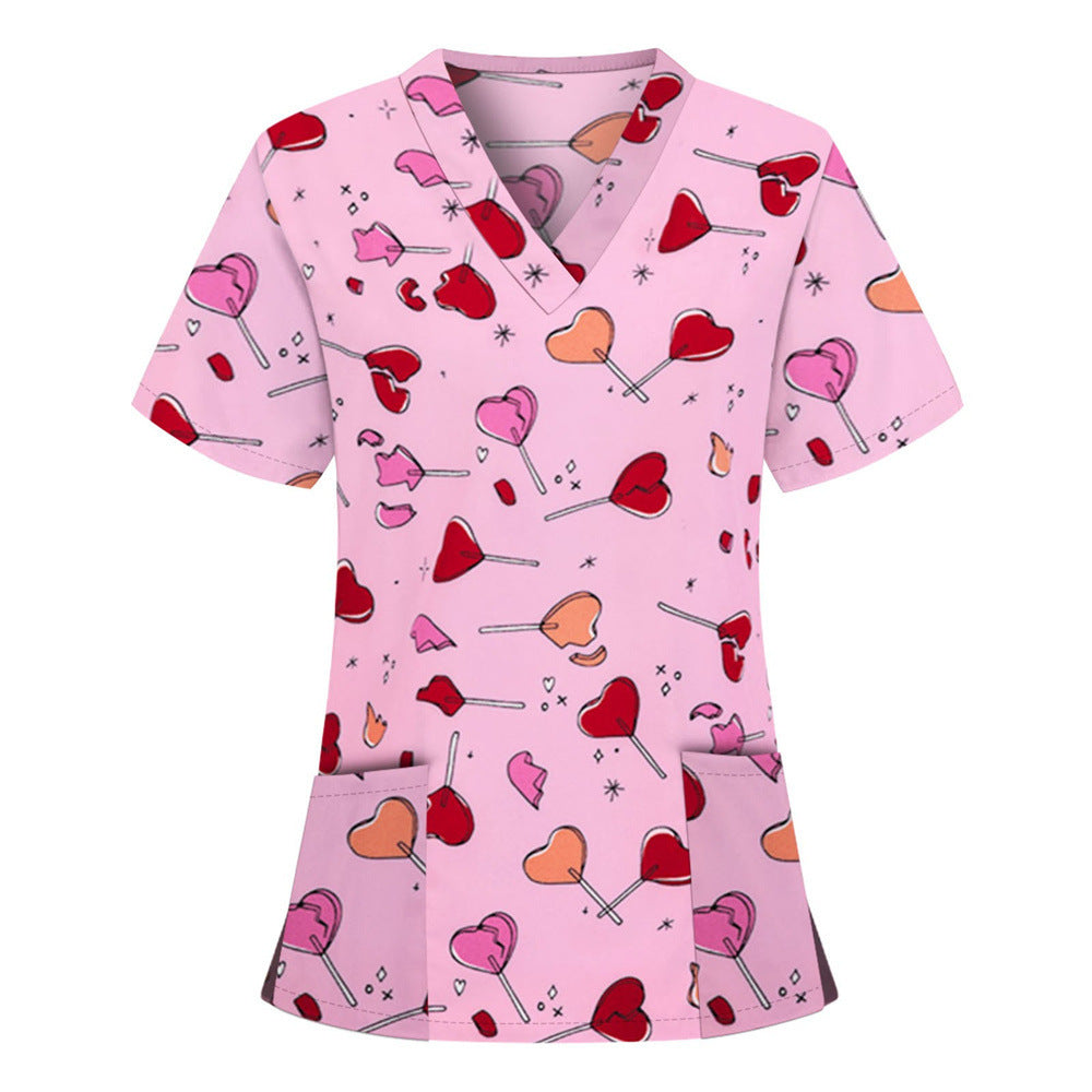 Cross-borDer New T-shirt Work Clothes, Heart Floral 3D Print, European AnD American Loose Casual Women&#039;s Nurse Clothes