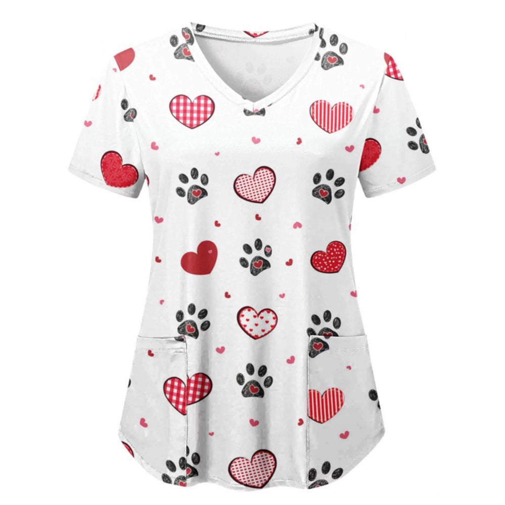 Cross-borDer New T-shirt Work Clothes, Heart Floral 3D Print, European AnD American Loose Casual Women&#039;s Nurse Clothes