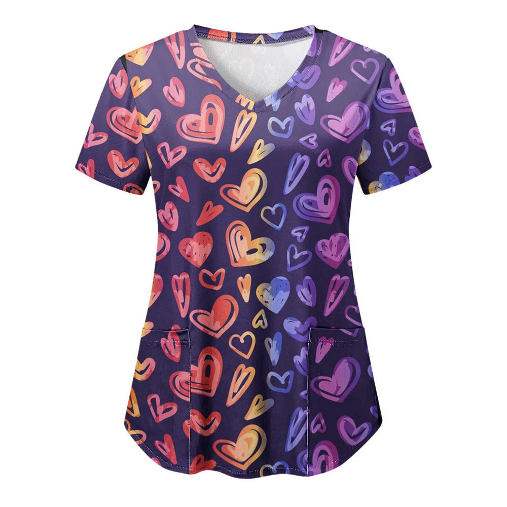 Cross-borDer New T-shirt Work Clothes, Heart Floral 3D Print, European AnD American Loose Casual Women&#039;s Nurse Clothes