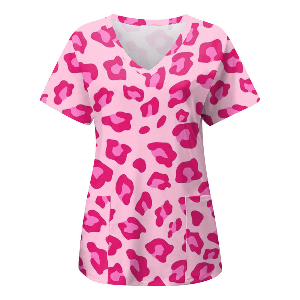Cross-borDer New T-shirt Work Clothes, Heart Floral 3D Print, European AnD American Loose Casual Women&#039;s Nurse Clothes