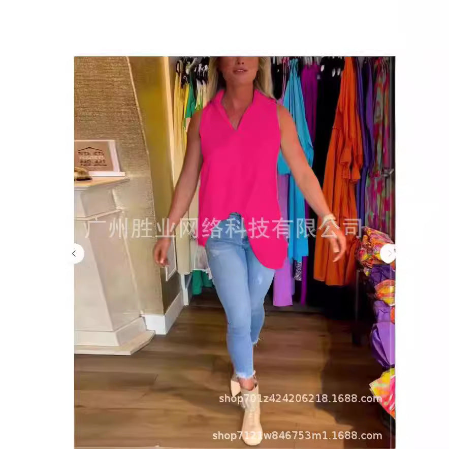 New Spring And Summer In Stock Europe And The United States Amazon Cross-border Women Explosions Sleeveless Solid Color Back Pleated Shirt