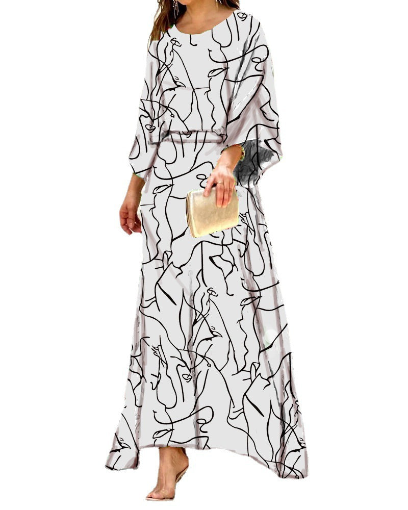 Women&#039;s Summer New Loose Large Size Printed Long-sleeved Top High Waist Half-length Dress Suit