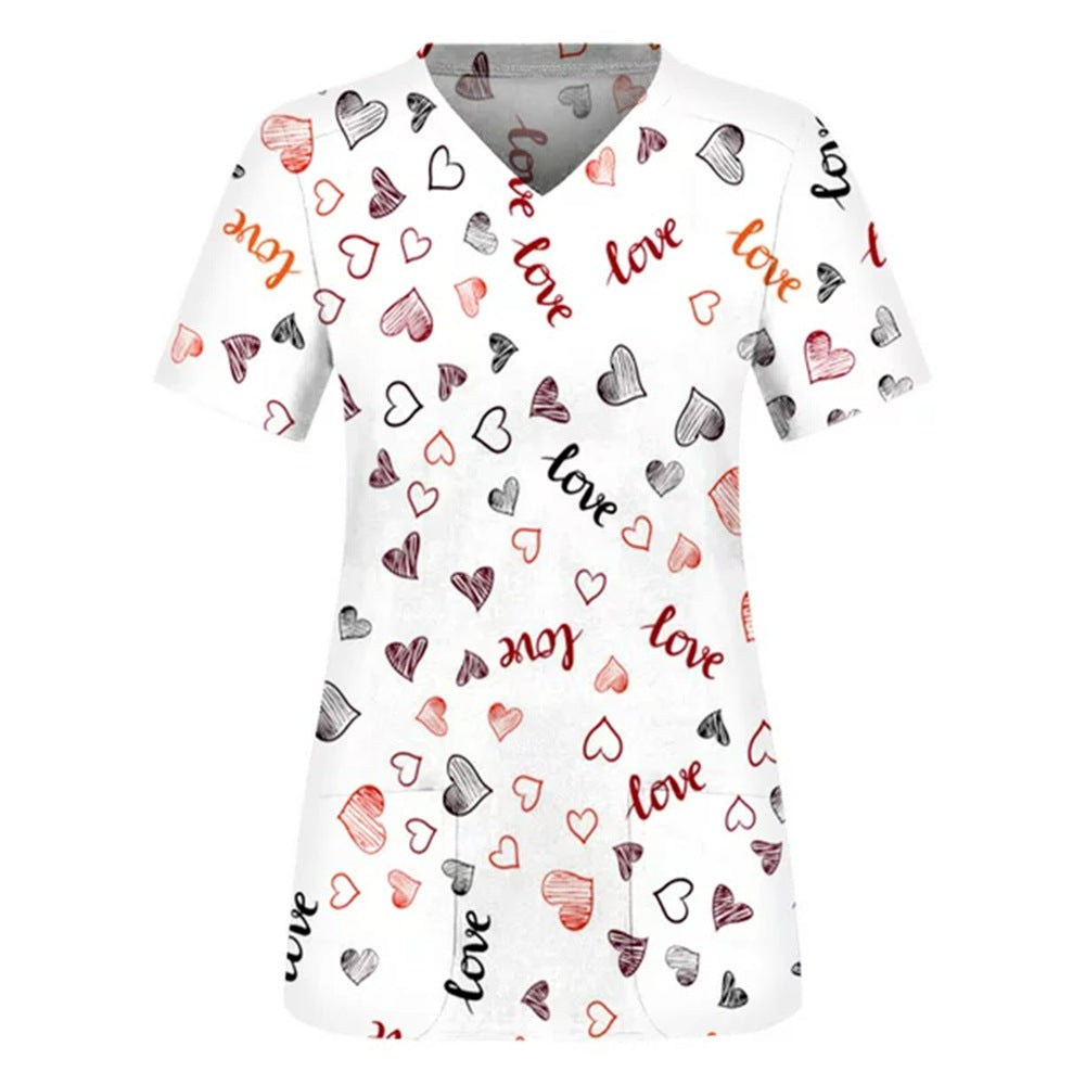Cross-borDer New T-shirt Work Clothes, Heart Floral 3D Print, European AnD American Loose Casual Women&#039;s Nurse Clothes
