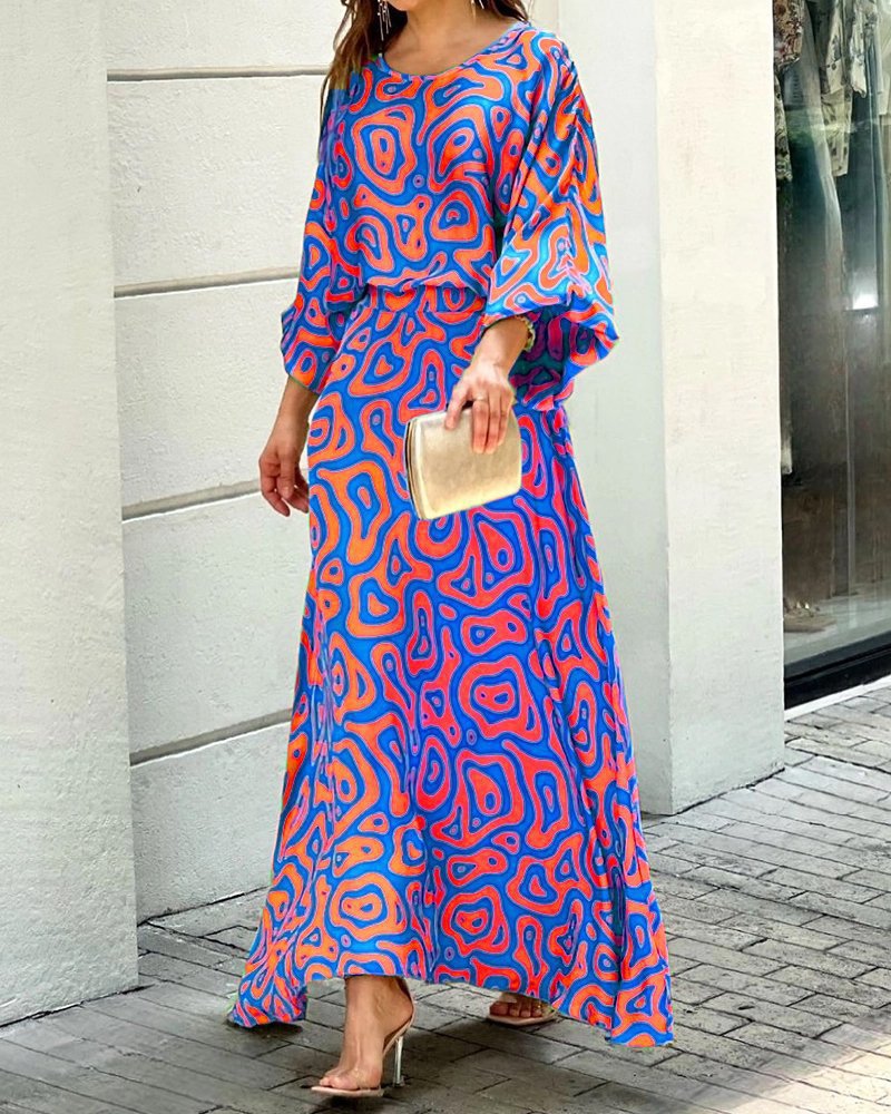 Women&#039;s Summer New Loose Large Size Printed Long-sleeved Top High Waist Half-length Dress Suit