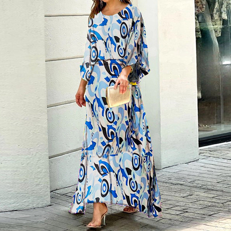 Women&#039;s Summer New Loose Large Size Printed Long-sleeved Top High Waist Half-length Dress Suit