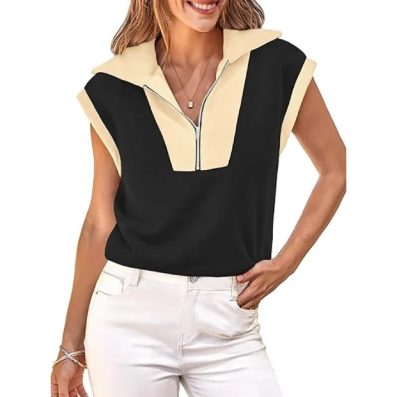 Fisoew Womens Half Zip Sweatshirts Short Sleeve Color Block Lapel
