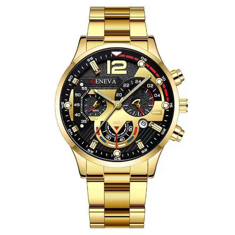 Men's Business Fashion Three-eye Single Calendar Steel Watch Bracelet Cross Bracelet Suit
