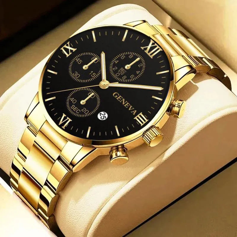 Men's Business Fashion Three-eye Single Calendar Steel Watch Bracelet Cross Bracelet Suit
