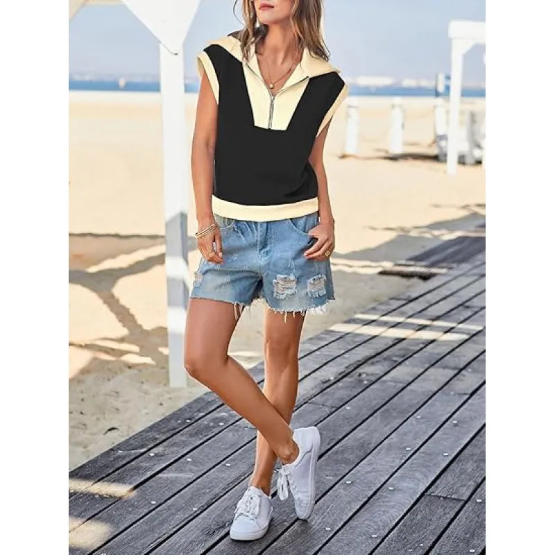 Fisoew Womens Half Zip Sweatshirts Short Sleeve Color Block Lapel
