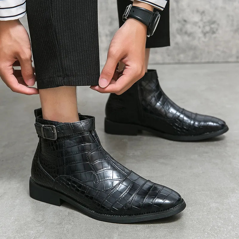 Men's Crocodile Pattern Boots Fashion Pointed Toe Low Square boot